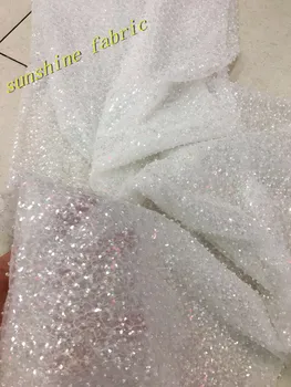 

White embroidery African net lace fabric with beads pearls French tulle lace material for wedding dress