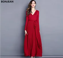 Free shipping woman European and American 2018 temperament long sleeved V collar knitted waist belt dress