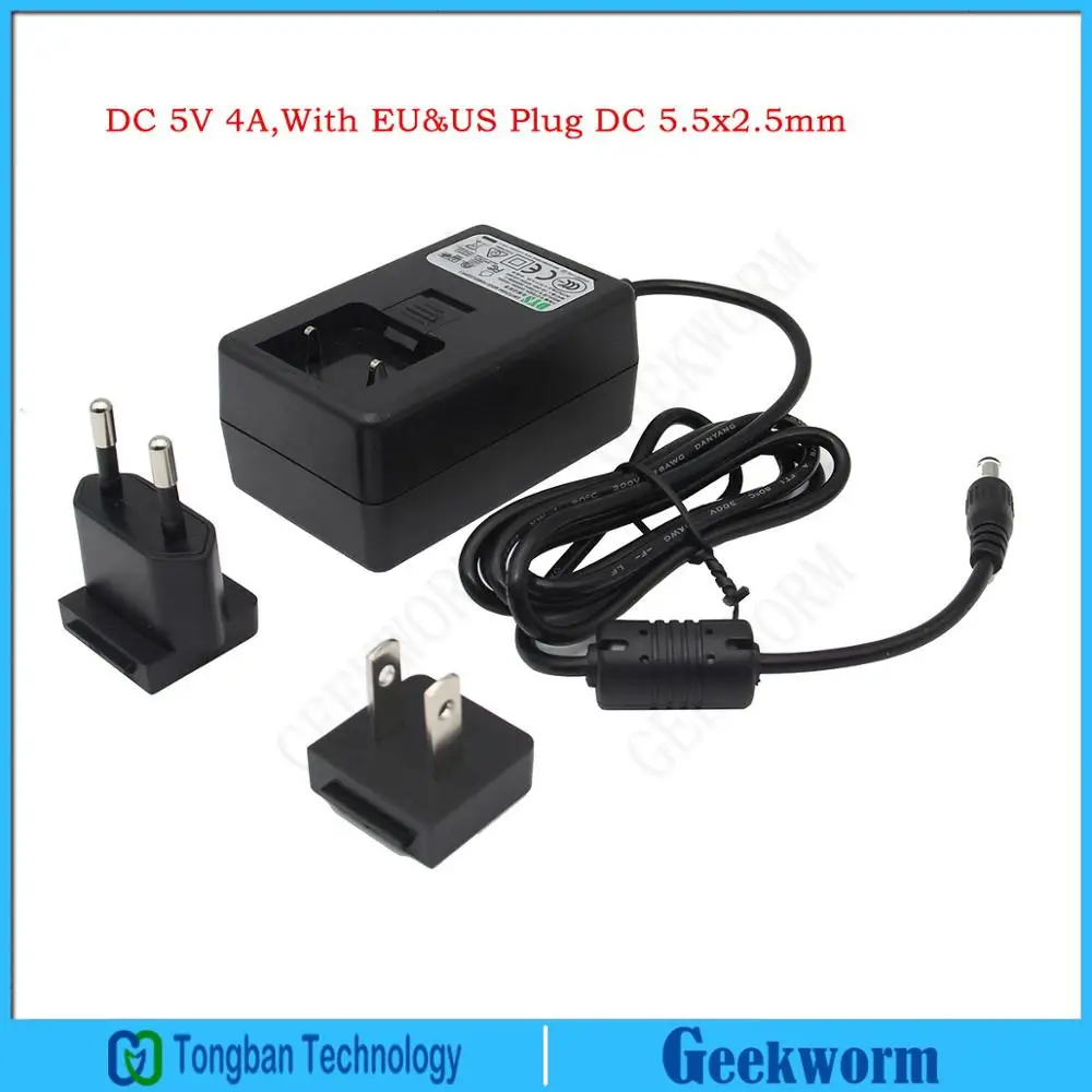 

DC 5V 4A Power Adapter with EU / US Plug DC5.5x2.5 for Raspberry Pi X825, X820, X800 SATA Expansion Board / X735 / X750 UPS HAT