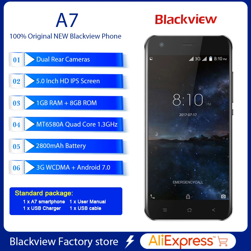 BLACKVIEW A7 Android 7 0 смартфон с двумя задними Камера Quad core 5 ''hd сотовый телефон 1 Гб + 8