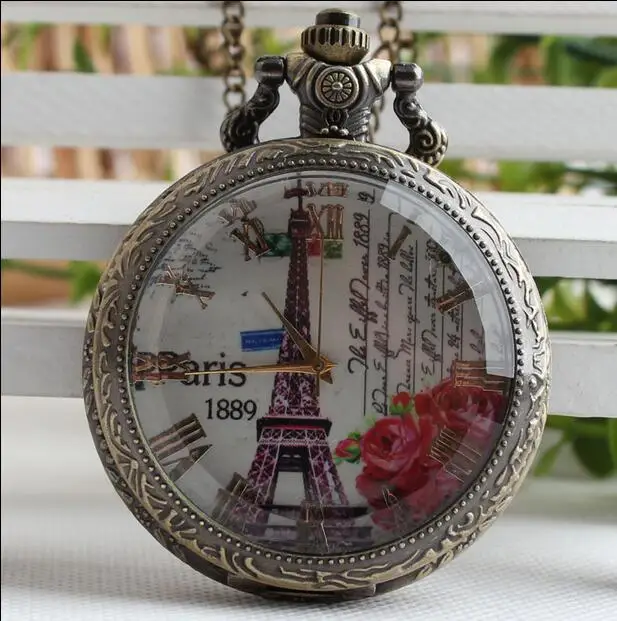 Pocket Watch Bronze Paris Roman Numeral Eiffel Tower Transparent Cover Quartz Analog Pendant Necklace Mens Womens Gifts PO258 | Наручные