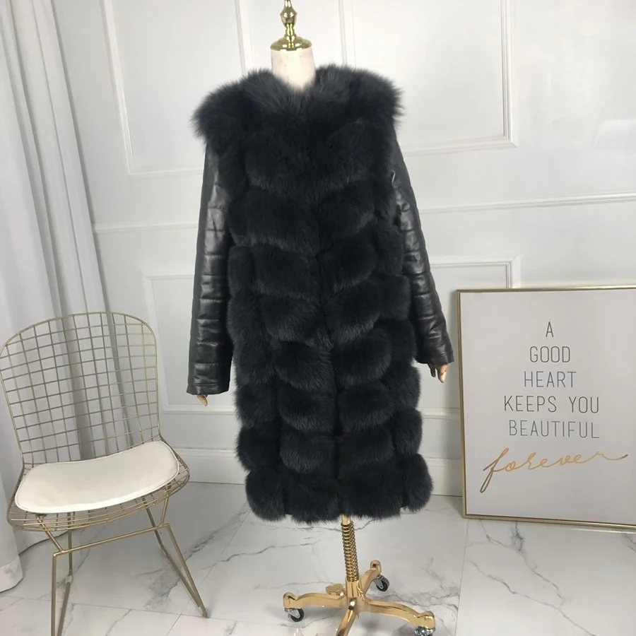 

women winter real fox fur coat hot sale big fur Thick Warm Casual Natural Real Fox Fur Vest long Leather Long Sleeve Jacket