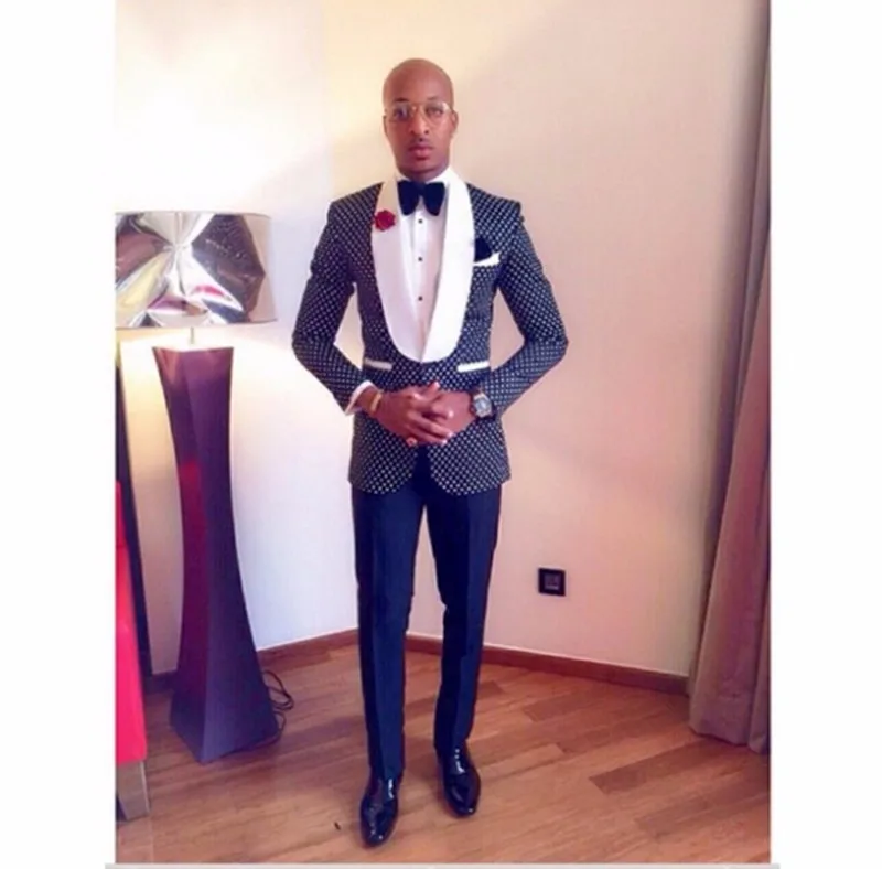 New Arrival Groomsmen Shawl White Lapel Groom Tuxedos Navy Blue font b Men b font font