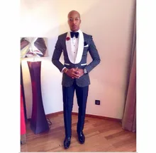New Arrival Groomsmen Shawl White Lapel Groom Tuxedos Navy Blue font b Men b font font
