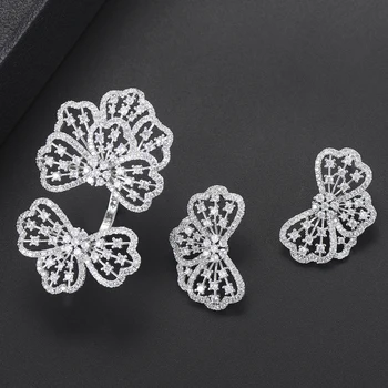 

SisCathy Luxury Dubai Wedding Jewelry Sets Bowknots Cubic Zirconia Geometric Stud Earrings Opening Ring For Women Jewelry Sets