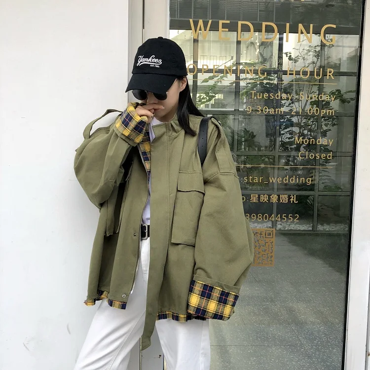 

2019 Korean Casual Trench Version Loose BF Lattice Stitching Tooling Windbreaker Coat Cotton Full Mandarin Collar Pockets