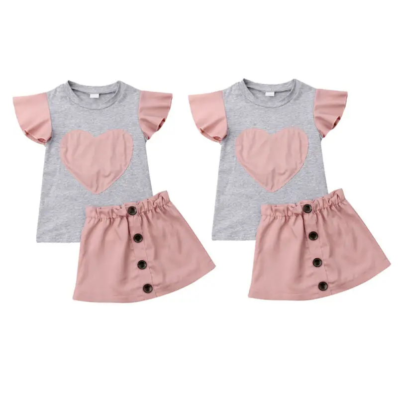 

Sweet Pink Newborn Kids Baby Girls Fly Sleeve Tops T-shirt Solid Skirts Summer Outfits Set