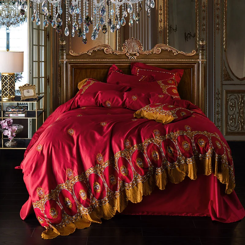 Egyptian Cotton Luxury Lace Golden Red Bedding Set Queen King Size