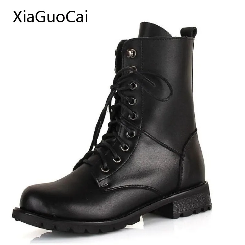 www.bagssaleusa.com : Buy Black Mid Calf Boots Women Fashion Women Combat Boots Leather Round Toe ...