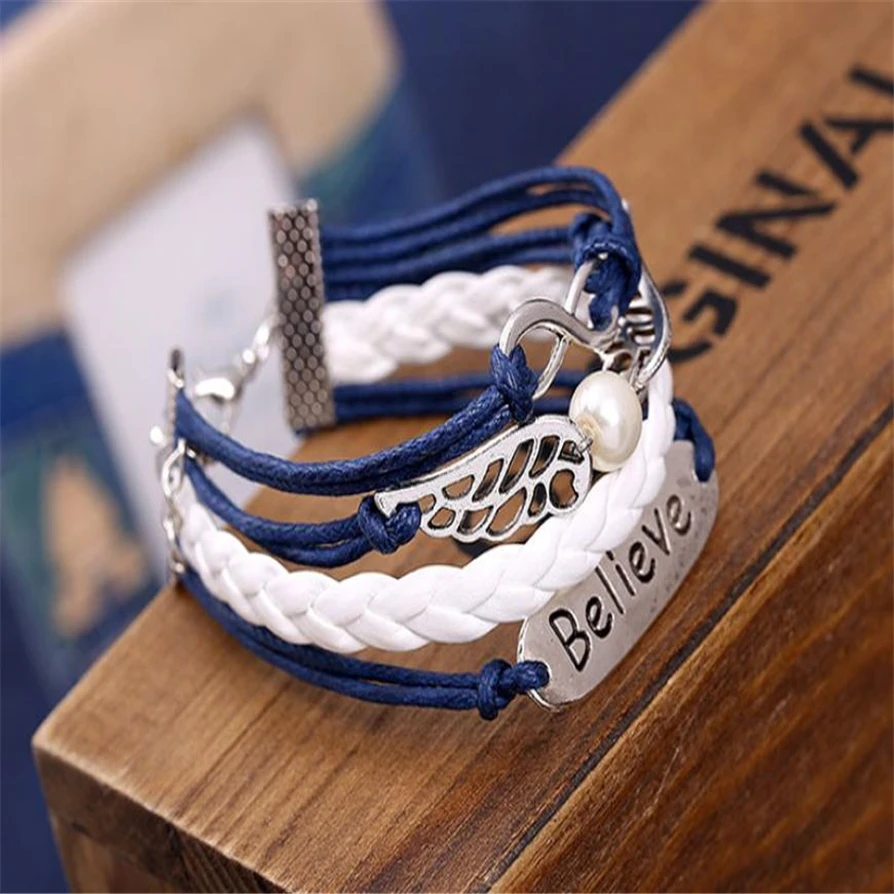 

Gussy Life wholesale Women Men Believe Wing Pearl Knit Leather Chain Charms Bracelet Gift Jan19