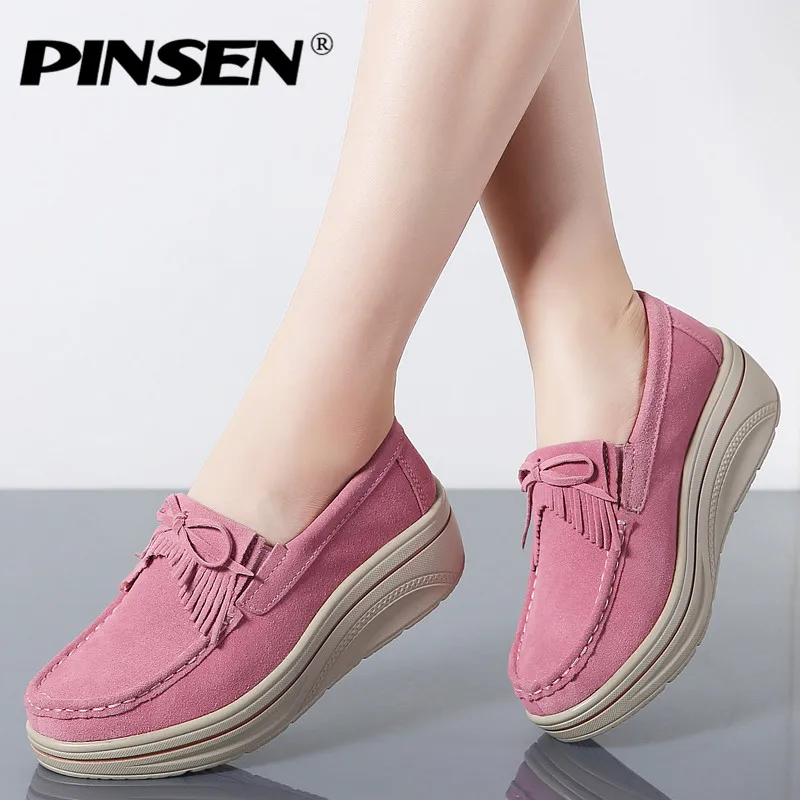 

PINSEN Fashion Women Flat Platform Shoes Leather Suede Fringe Slip-on Ladies Shoes Woman Flats Creepers Moccasins tenis feminino