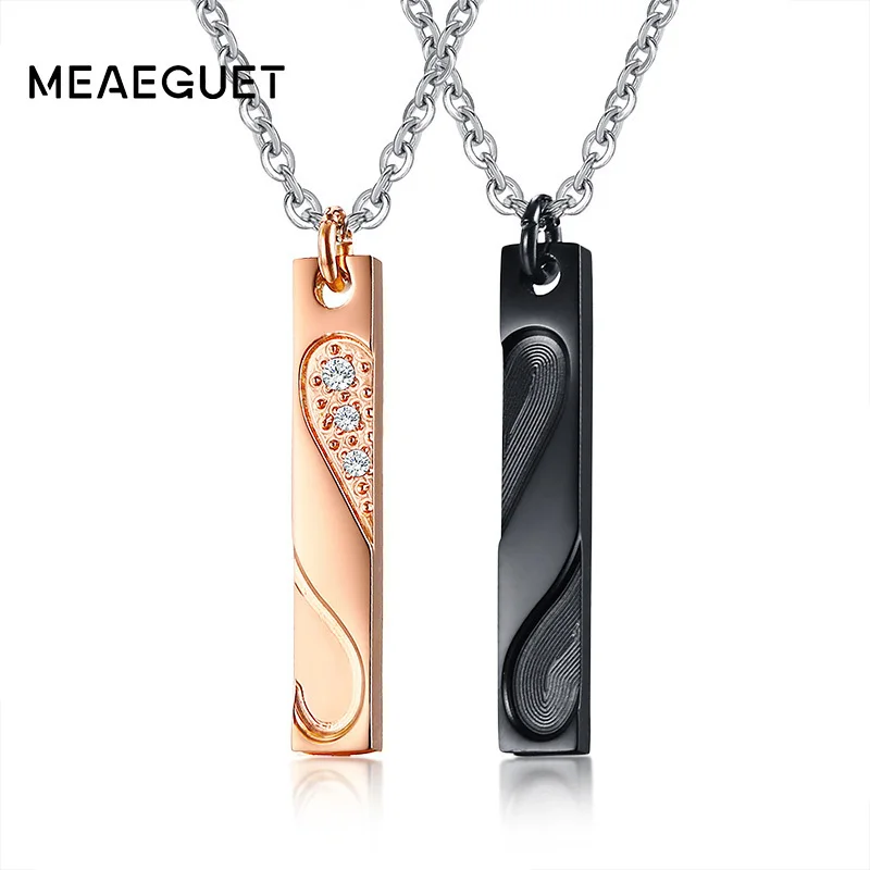 

2pcs/1set Couples Necklace Heart Puzzle Pendant Bar Stainless Steel Gold Black Color Statement Charm Lover' Zircon Colares Femme
