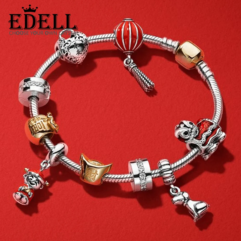 

EDELL 100% 925 Sterling Silver Lion Dance Money Bag Gold Charm Fortune and Luck LANTERN Pendant Spring Festival Bracelet Set