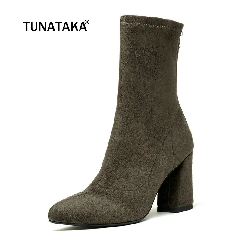 

Female Suede Fashion Zipper Hoof Heels Ladies Pointed Toe Winter Stretch Shoes Black Yellow Dark Gray