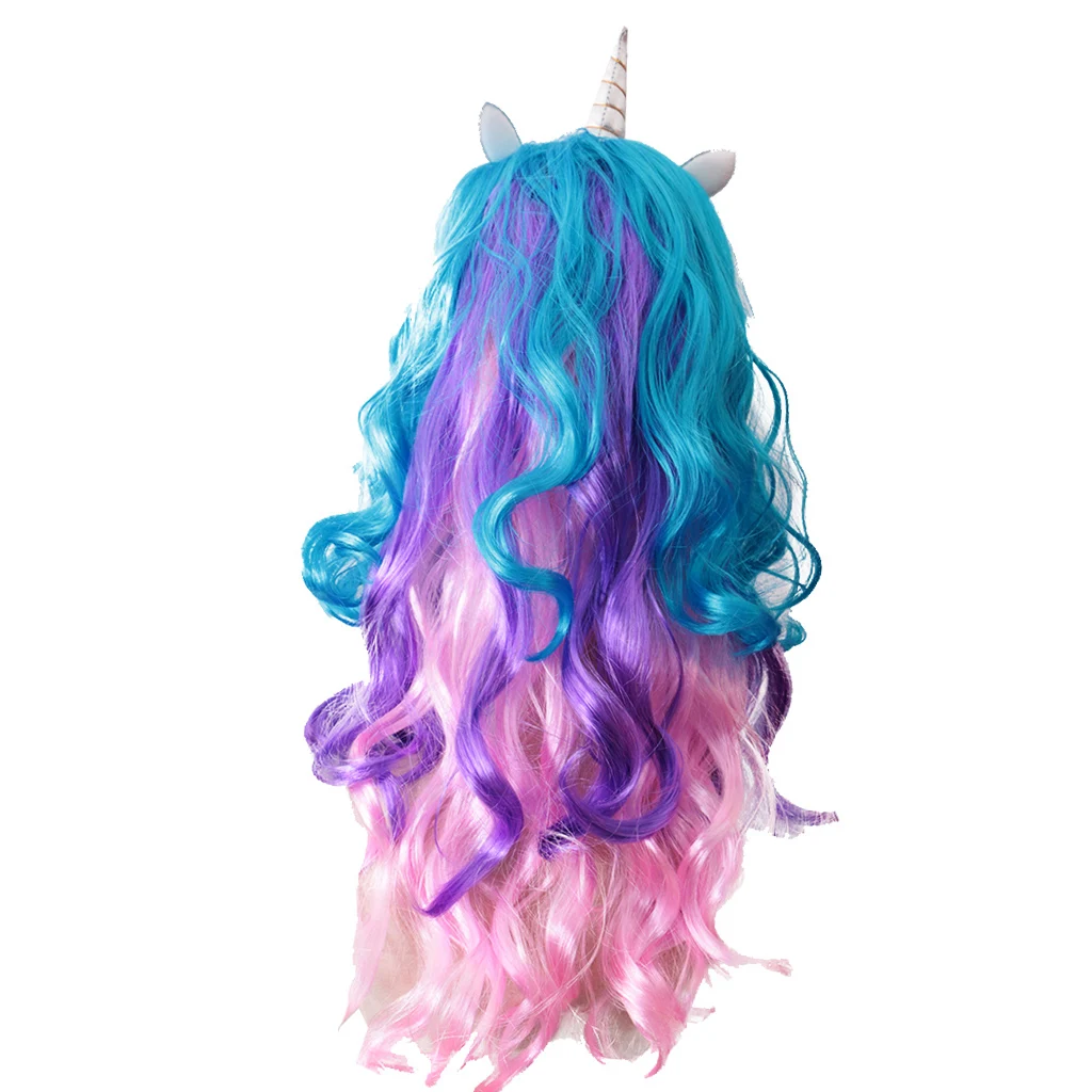 Women Unicorn Horn Long Curly Wavy Hair Wigs For Hallowmas Party Costume