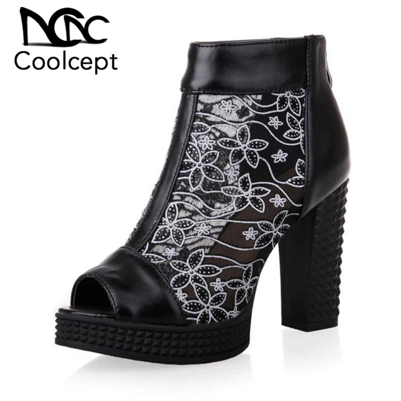 

Coolcept Summer New Women Ankle Boots Zipper Peep Toe High Heels Shoes Fretwork Mesh Sexy Brand Women Footwear Size 32-43