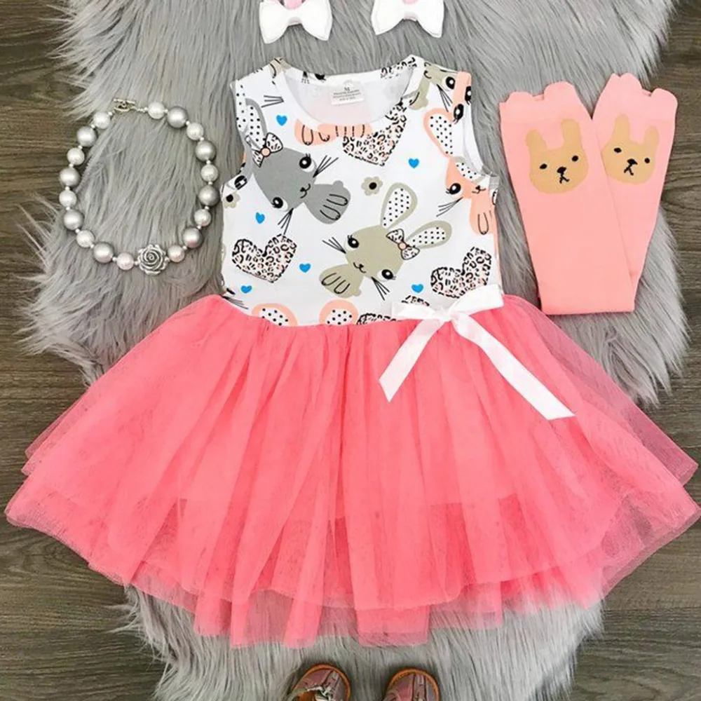 

Little Girl Ceremonies Dress Cotton Easter Sleeveless Rabbit Print Princess Dresses for Girls Clothes Wedding Party Gown k0308