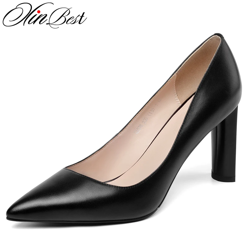 

Xinbest Natural Leather Basic Women Pumps Casual Fashion Shallow Party High Heels Women Pointed Toe Square heel Pumps Shoes 2019