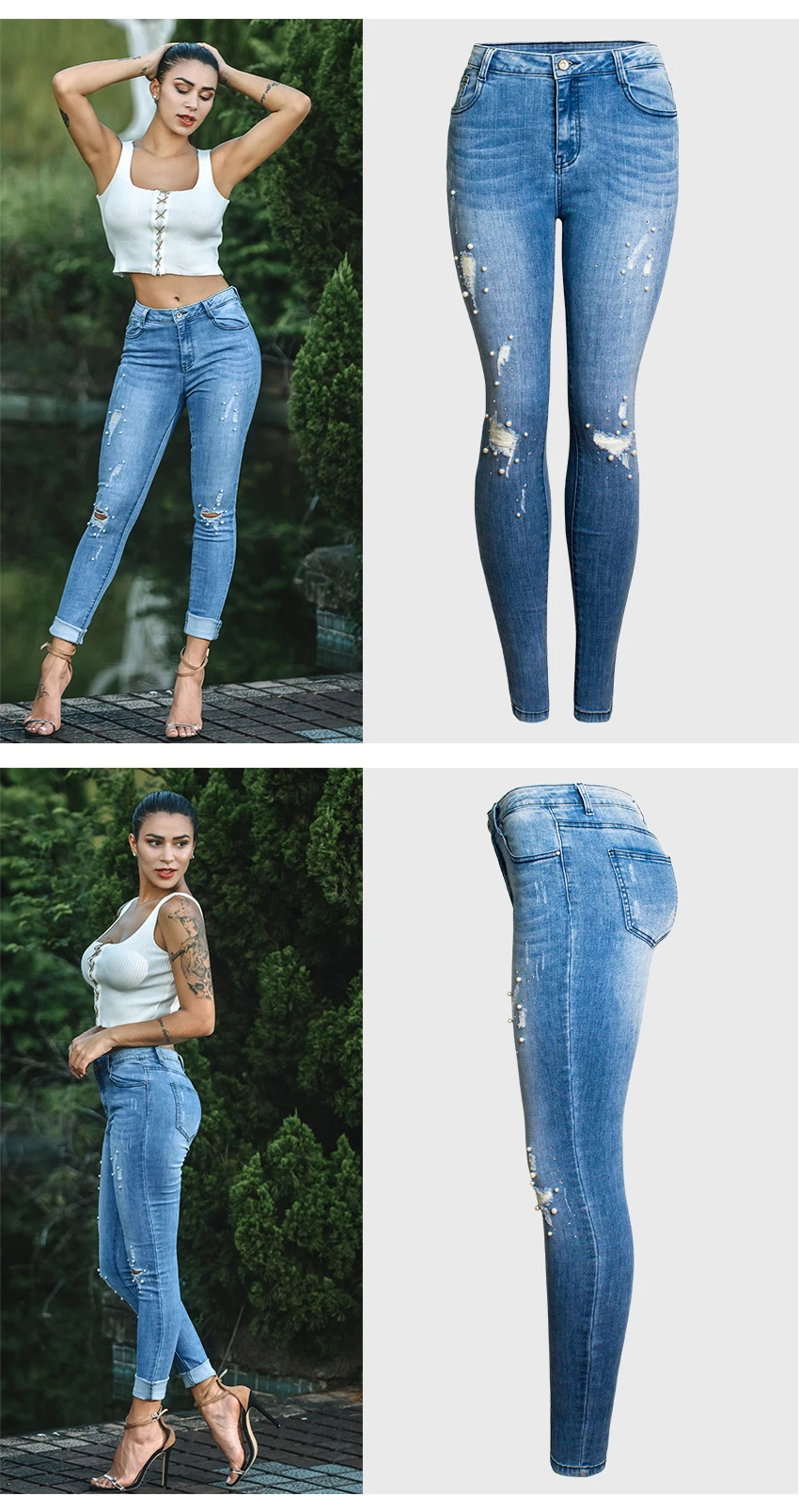 European and American women's wear high-waisted stretch pearl inlays irregularly worn holes wash cat whisker denim trousers (2)