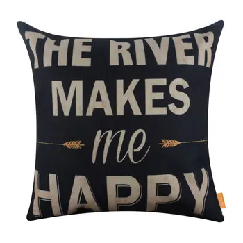 

LINKWELL 1PC 45x45cm The River Makes Me Happy Life is Better at the Lake Words Art Design Black Pillowcase Burlap Cushion Cover