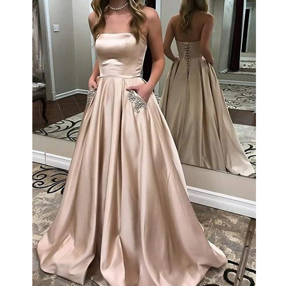 

New Coming Satin Prom Dress with Pocket Lace Up Back Sexy Evening Gowns for Young Ladies Floor Length Party Gowns Custom Made