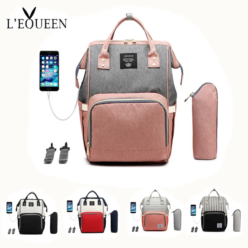 USB LEQUEEN حفاضات حقيبة + الحليب زجاجة (الحرارة الحفاظ) + عربة السنانير + كابل يو اس بي حقيبة ظهر للأمهات رعاية الطفل حقيبة حقيبة السفر