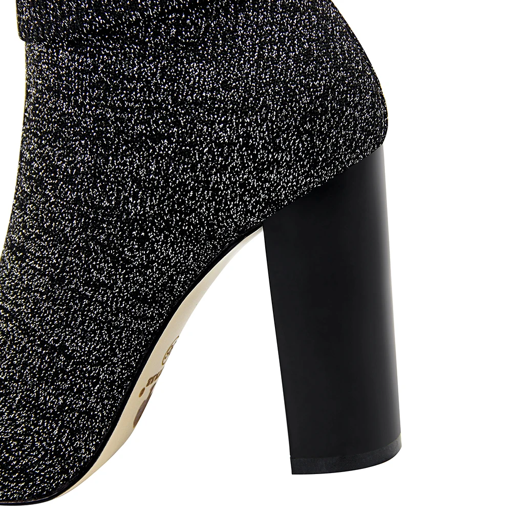 Plardin/Новые эластичные вязаные женские короткие ботинки модные зимние ботинки до середины икры на квадратном каблуке женские ботинки с острым носком на высоком каблуке