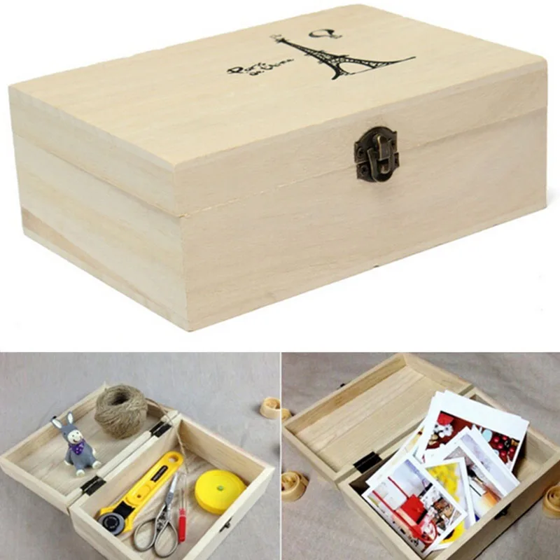 

Home Storage Box Natural Wooden With Lid Golden Lock Postcard Home Organizer Handmade Craft Jewelry Storage Case Wedding Gift