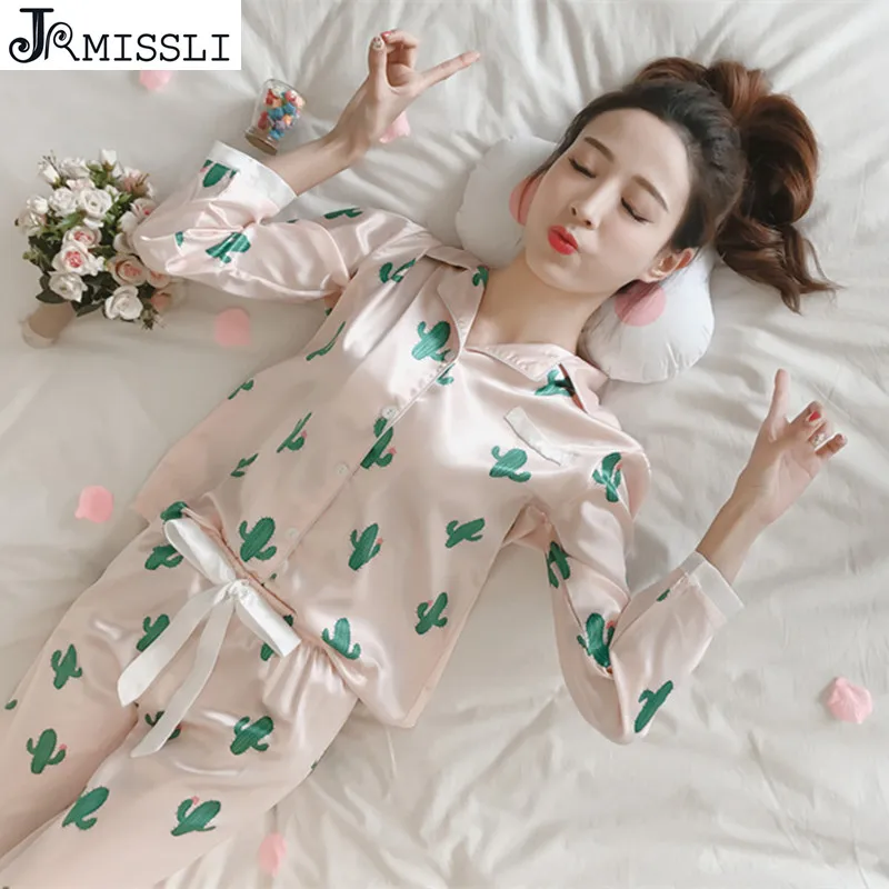 JRMISSLI Luxurious Women Pajama Set Faux Silk Ladies Pajamas Female
