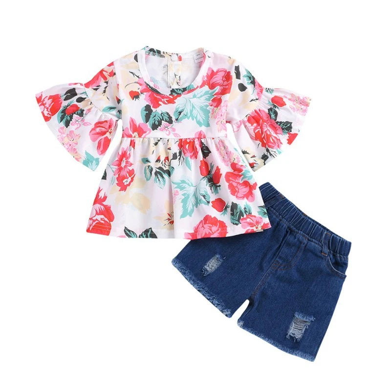 

Summer Baby Girls Clothes Casual Flare Sleeve Tops Floral Print T-shirt+Denim Shorts Suits Costume Set