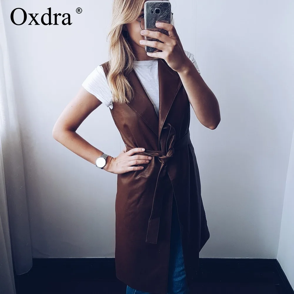 Oxdra 2018 Spring Autumn New Sleeveless Pu Leather Long jackets Women Solid Color Turn Down Collar Sashes Jackets Outerwear