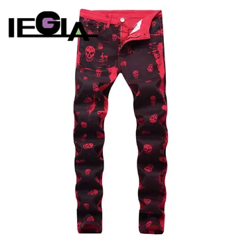 

Men Jeans Cotton Straight Classic Jeans Spring Autumn Male Denim Pants Male Jean Red Skull Fashion Designer Mens Streetwear