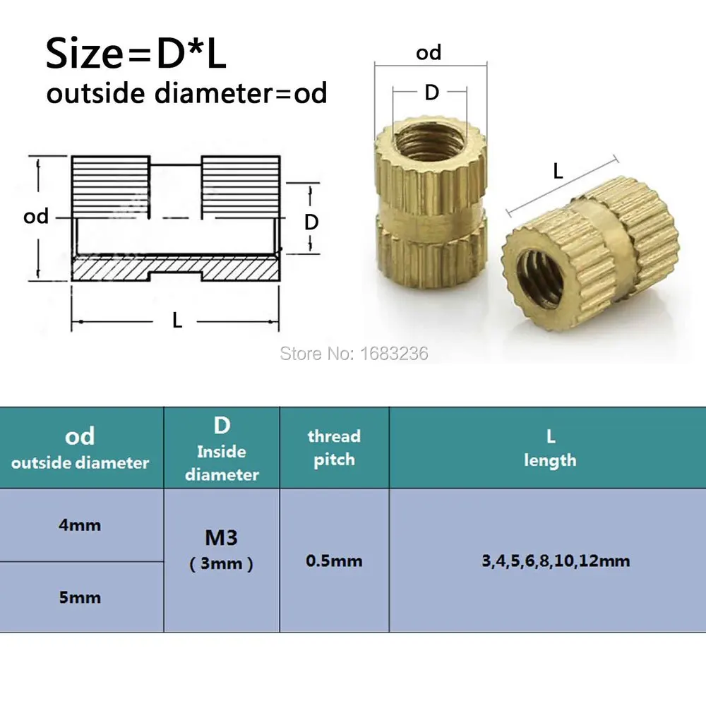 50 шт. M3 латунь Медь метрической резьбы накатки гайки из нержавеющей стали Nutsert круглый Форма внешний Диаметр OD 4/5 мм длина = 3-12 мм