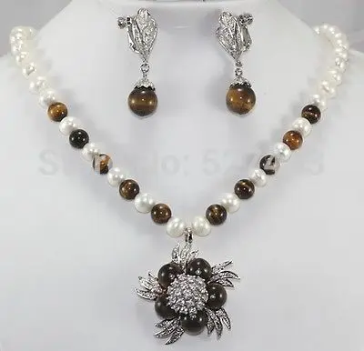 

Wholesale Stunning!7-8mm White Akoya Cultured Pearl&Tiger's Eye Necklace Earring (A0423)