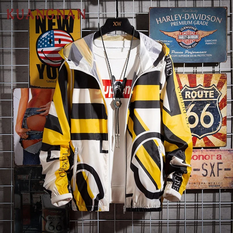 

KUANGNAN Striped Summer Jacket Men Clothes 2019 Streetwear Men Jacket Hip Hop Bomber Jacket Windbreaker 5XL Coat Men
