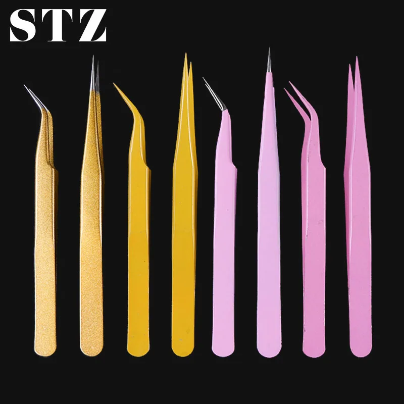 STZ 2 шт прямой + Изогнутый пинцет золото бигуди для ресниц нержавеющая сталь
