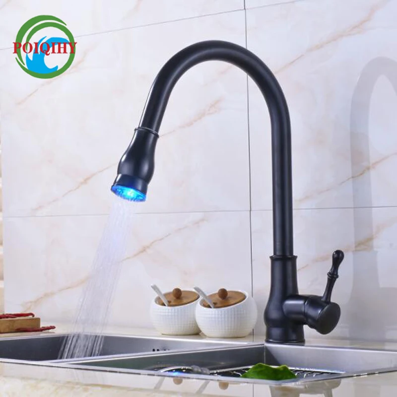 

LED Color ChangingMixer Faucet Tap Single Handle Rotate Gooseneck Kitchen Taps Pull Down/out Spout Bathroom Kitchen Sink