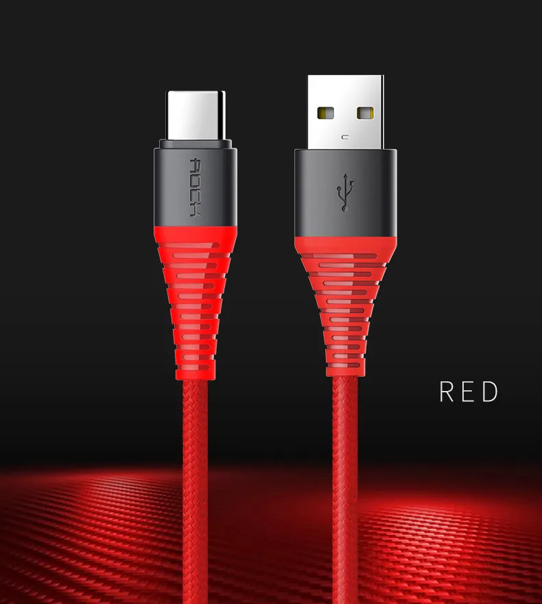 ROCK 3A usb type-C кабель высокопрочный usb type-c кабель для быстрой зарядки и синхронизации данных для Galaxy S8 plus Note 8 Oneplus 2 Xiaomi - Цвет: Красный