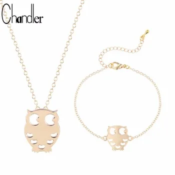 Chandler 2017 New Silver Gold Color Cute Night Owl Pendant Necklace Bracelet For Women Lucky Bird Birthday Jewelry Set Best Gift