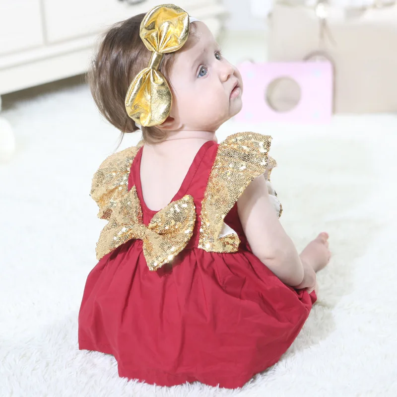 

Summer Baby Girl Clothes Newborn Gold Sequin Puff Bodysuit Birthday Girl Jumpsuit Infant Clothes Red Green Onesie
