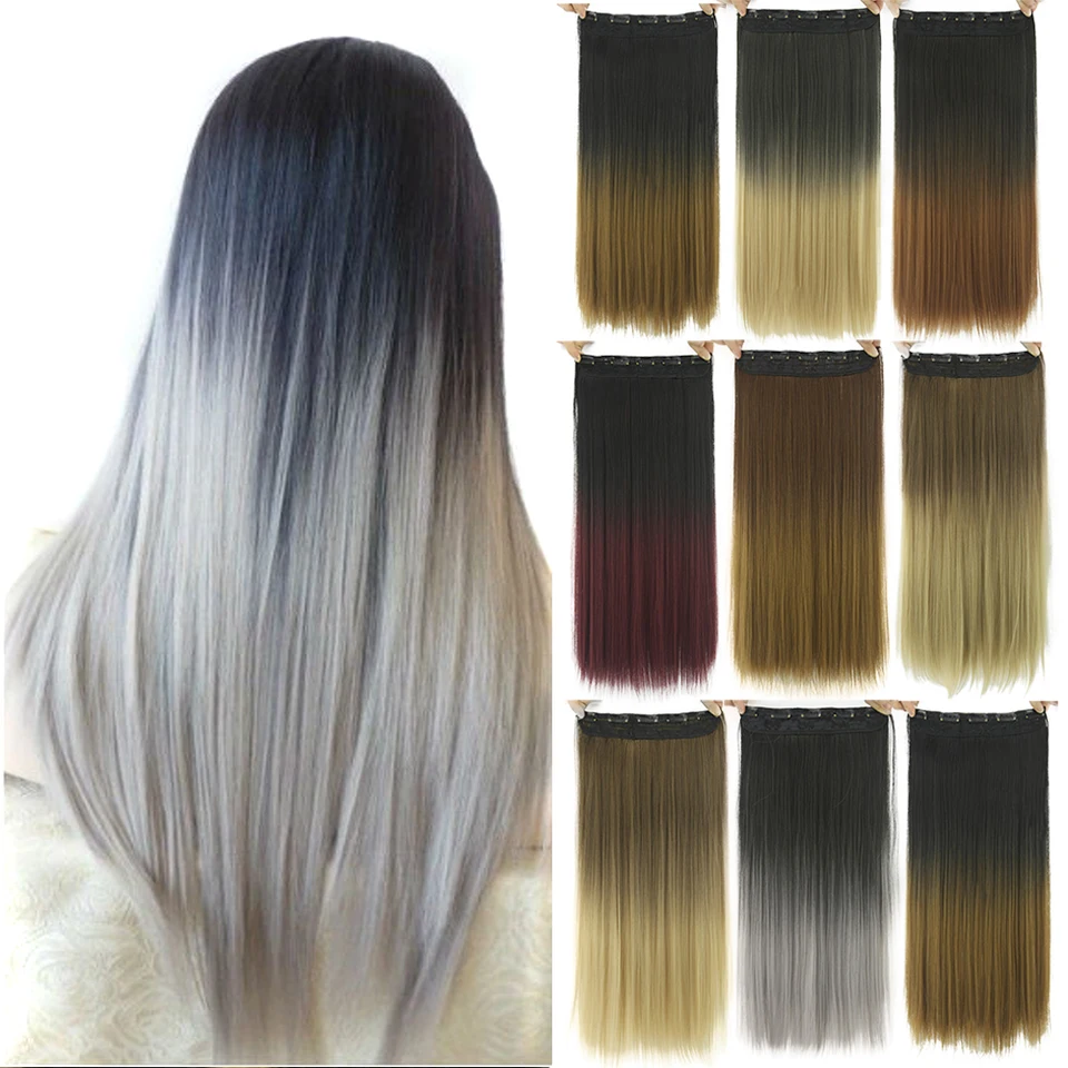 Soowee Long Straight Black To Gray Natural Color Women Ombre Hair High Tempreture Synthetic Hairpiece Clip In Hair Extensions