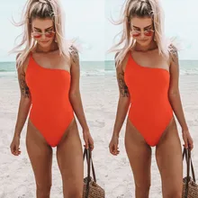 Женский летний сексуальный Модный Купальник на одно плечо, бикини, Цельный купальник, однотонный оранжевый бюстгальтер с подкладкой, открытая спина, пляжный купальный костюм