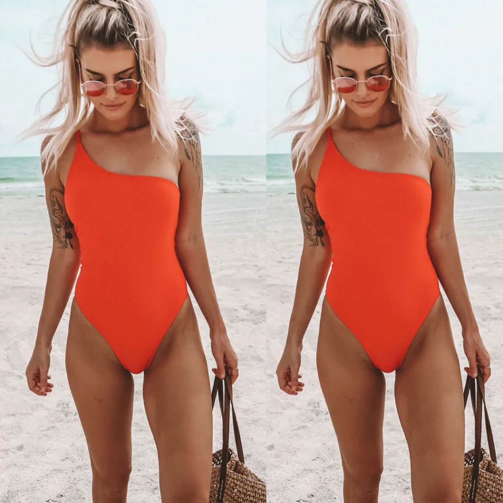 

Women Summer Sexy Fashion Single Shoulder Swimsuit Bikini One-piece Swimwear Solid Orange Padded Bra Backless Beach Bathing Suit