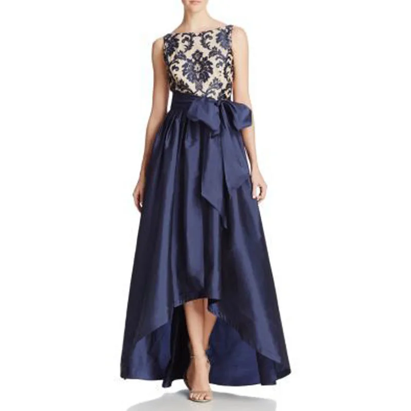 

2016 Dark Blue High Low Women Skirts Elegant Women Taffeta Long Skirts Empire Floor Length Skirts With Sashes Maxi Saia