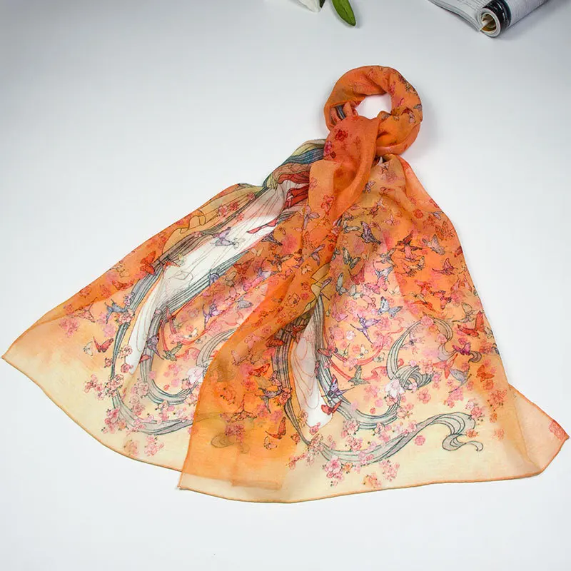 

100% Silk Scarf Women Scarf Flying Apsaras Silk Shawl 2019 Designer Scarf Female Silk Pashmina Thin Silk Wrap Luxury Lady Gift