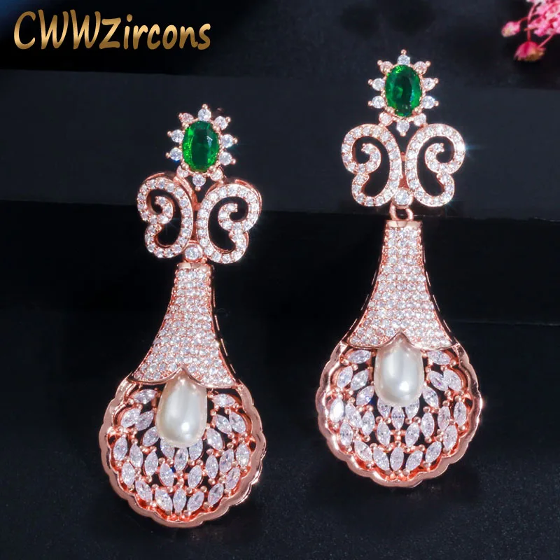 

CWWZircons Shiny Cubic Zirconia European Royal Vintage Rose Gold Color Pearl Drop Long Party Earring for Women Jewelry CZ584