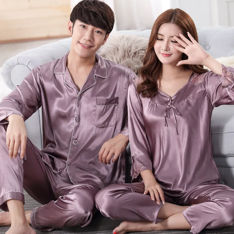 Весенне-осенний пижамный комплект для пары размера плюс XXXL шелковистая атласная домашняя одежда для влюбленных одноцветная пижама из 2 предметов Повседневная Пижама