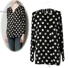 New Fashion Women’s Round Neck Long Sleeve Big Dot Chiffon Blouse Shirt Tops Free Shipping