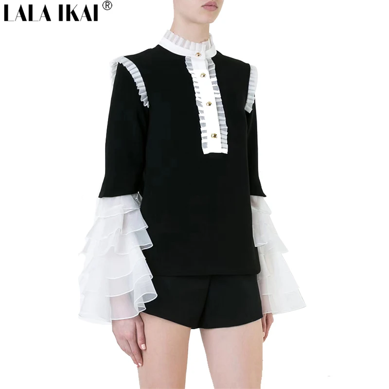 Women Contrast Collar Black and White Tops Long Flare Sleeve Button