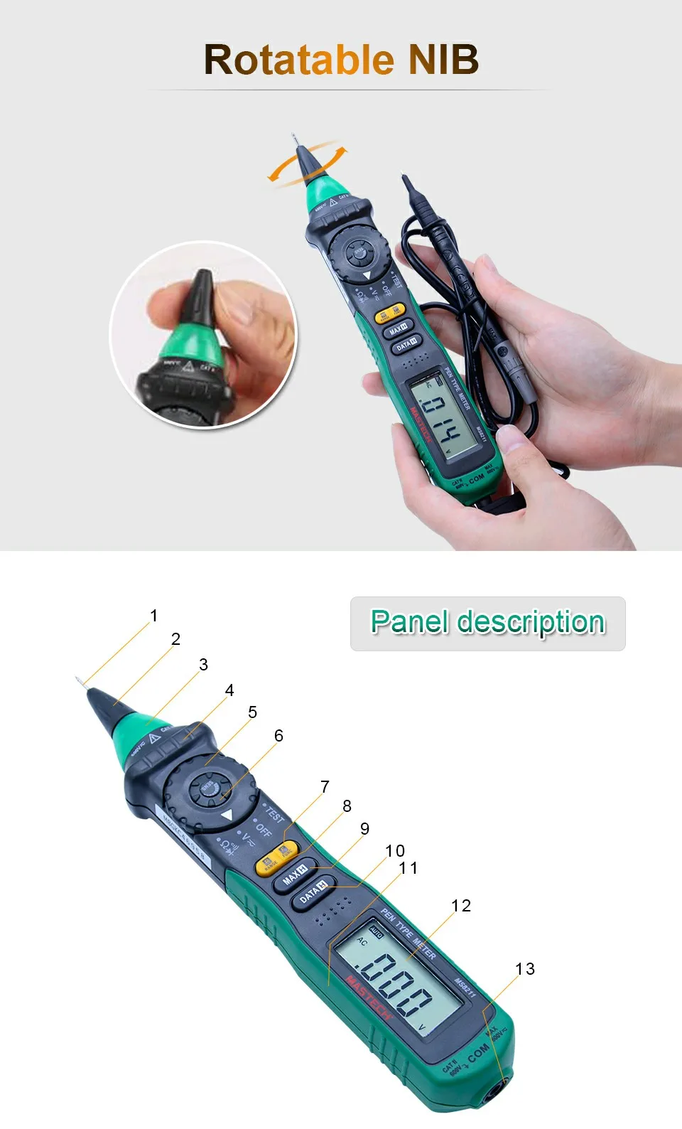 MASTECH MS8211 Ручка-Тип Цифровой мультиметр Бесконтактный детектор напряжения переменного тока авто-диапазон тестовый зажим